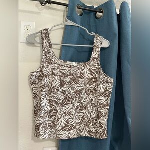 Brown and White Leaf Print Tank Top